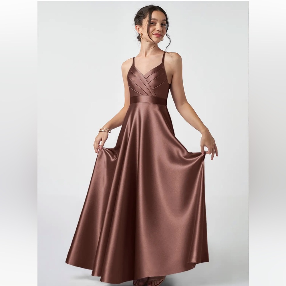 Azazie Espresso Metallic Satin Juniors 14 Bridesmaids Dress